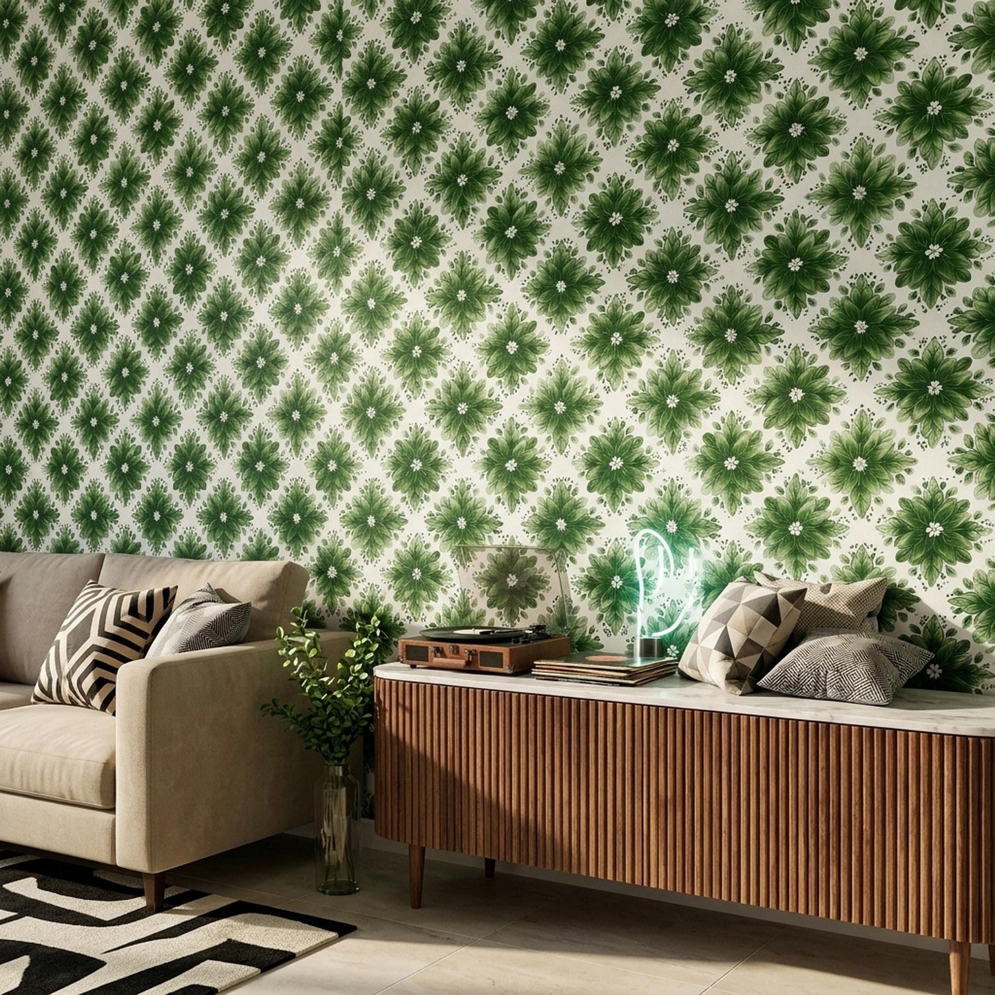 Green Floral Wallpaper Botanical Pattern Nature Inspired Wall Decor Elegant Leaf Design