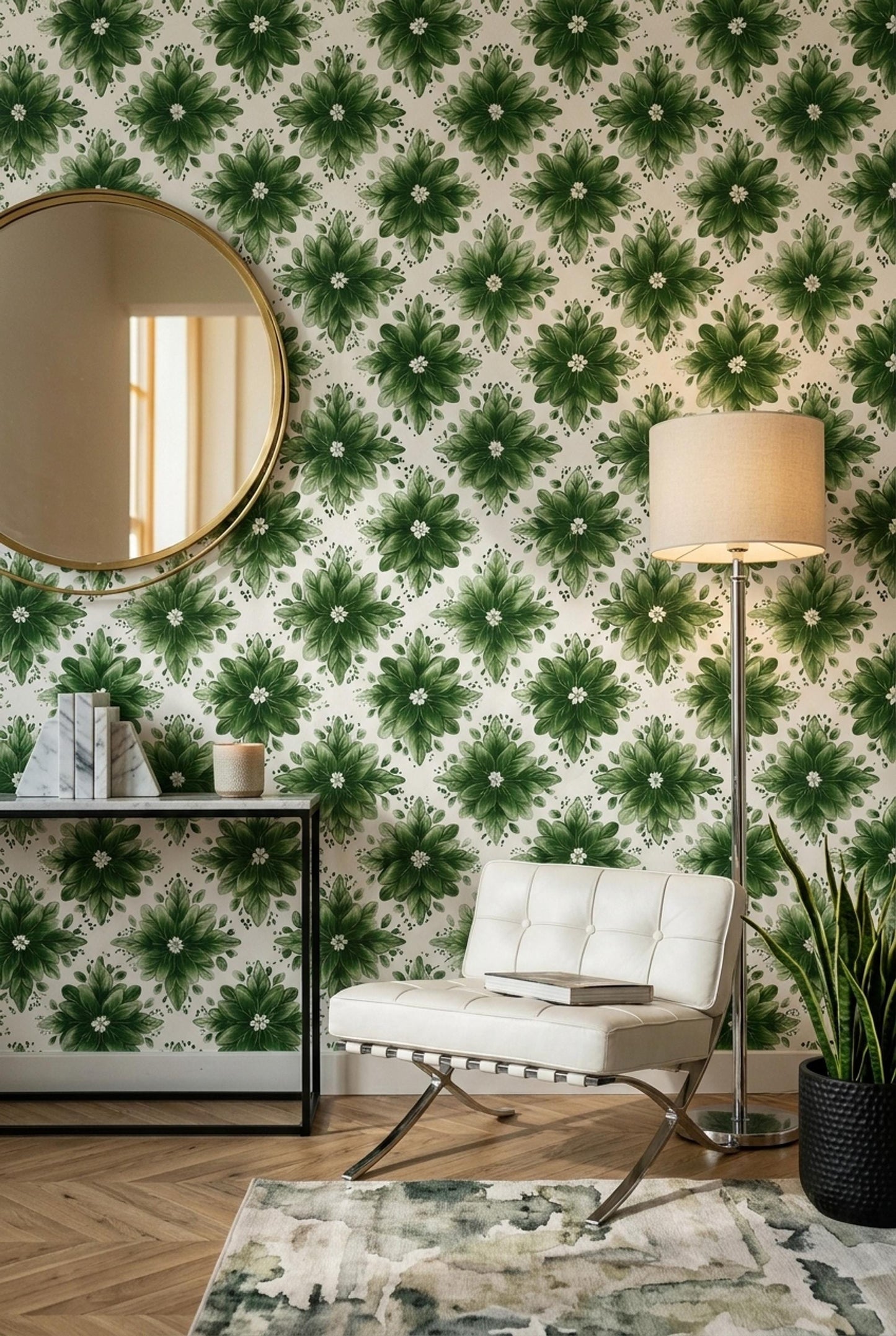 Green Floral Wallpaper Botanical Pattern Nature Inspired Wall Decor Elegant Leaf Design