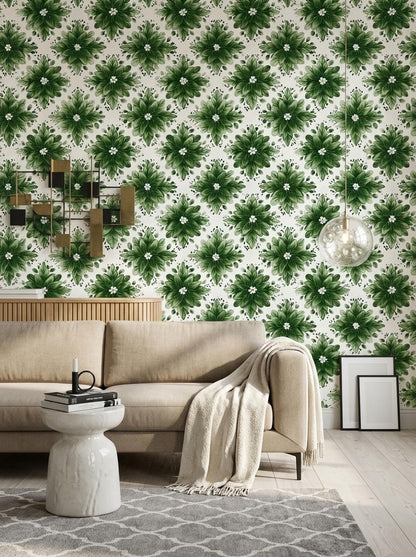 Green Floral Wallpaper Botanical Pattern Nature Inspired Wall Decor Elegant Leaf Design