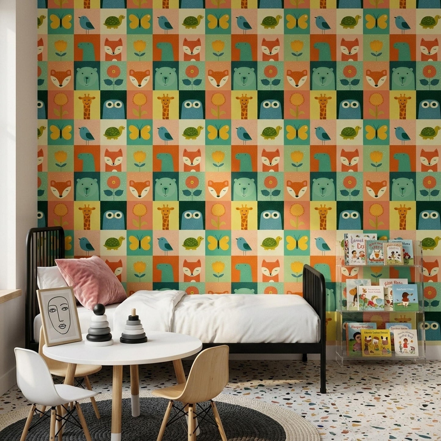 Scandinavian Animal Grid Wallpaper Colorful Safari Pattern Modern Kids Wall Art Decor
