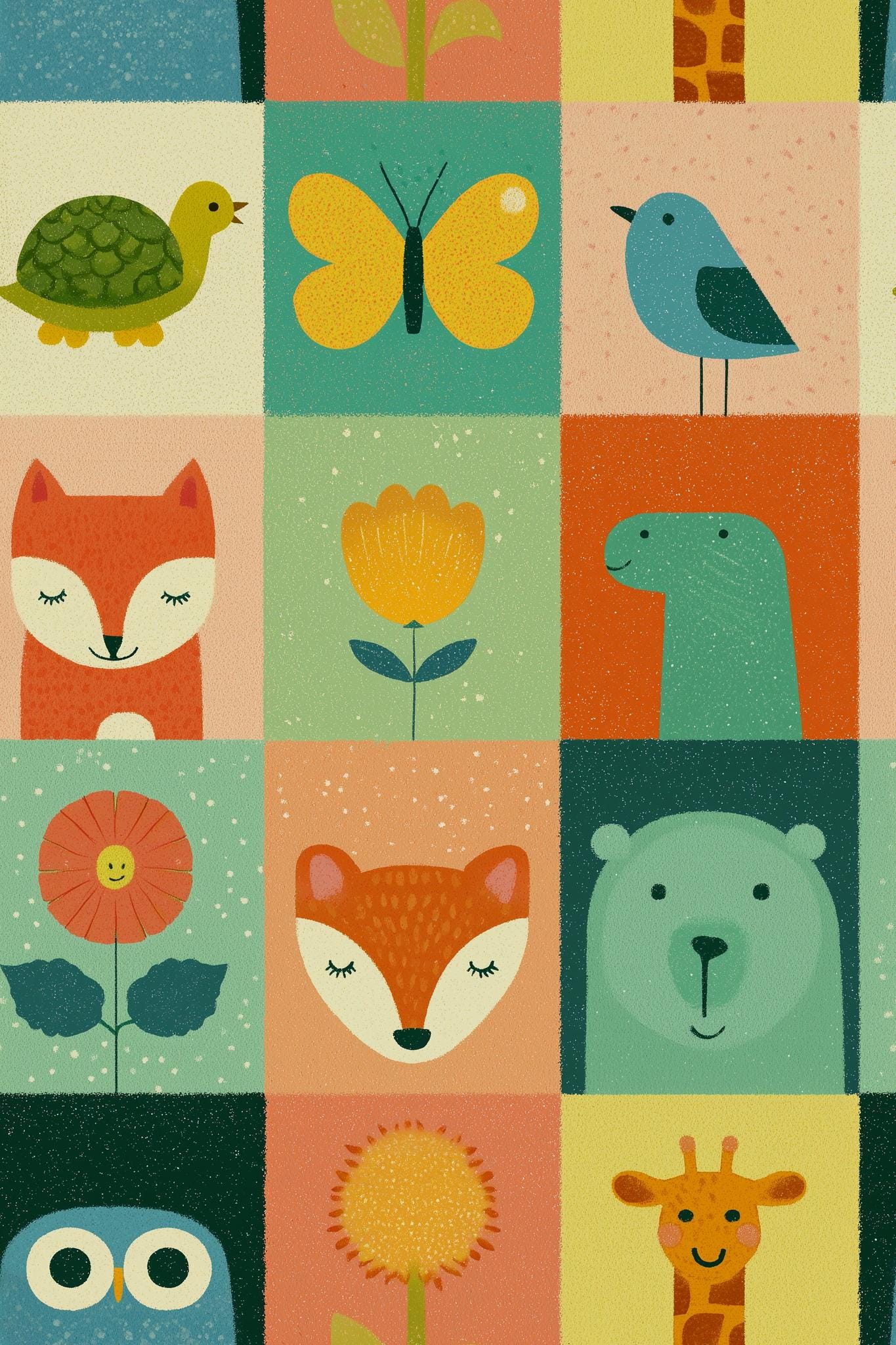Scandinavian Animal Grid Wallpaper Colorful Safari Pattern Modern Kids Wall Art Decor