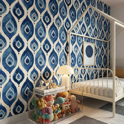 Blue Ikat Watercolor Wallpaper Boho Geometric Pattern Modern Artistic Wall Decor Design