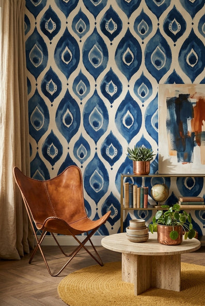 Blue Ikat Watercolor Wallpaper Boho Geometric Pattern Modern Artistic Wall Decor Design
