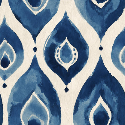 Blue Ikat Watercolor Wallpaper Boho Geometric Pattern Modern Artistic Wall Decor Design