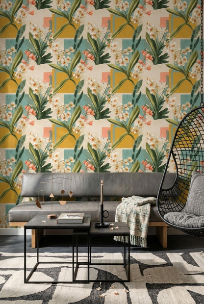 Mid Century Floral Wallpaper Retro Botanical Pattern Abstract Geometric Wall Decor