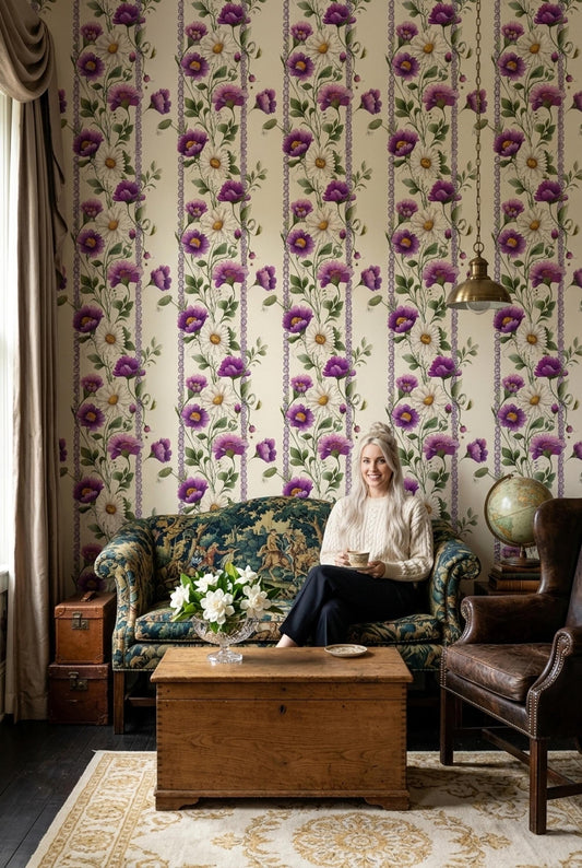 Vintage Purple Floral Stripe Wallpaper Botanical Daisy Pattern Elegant Classic Wall Decor