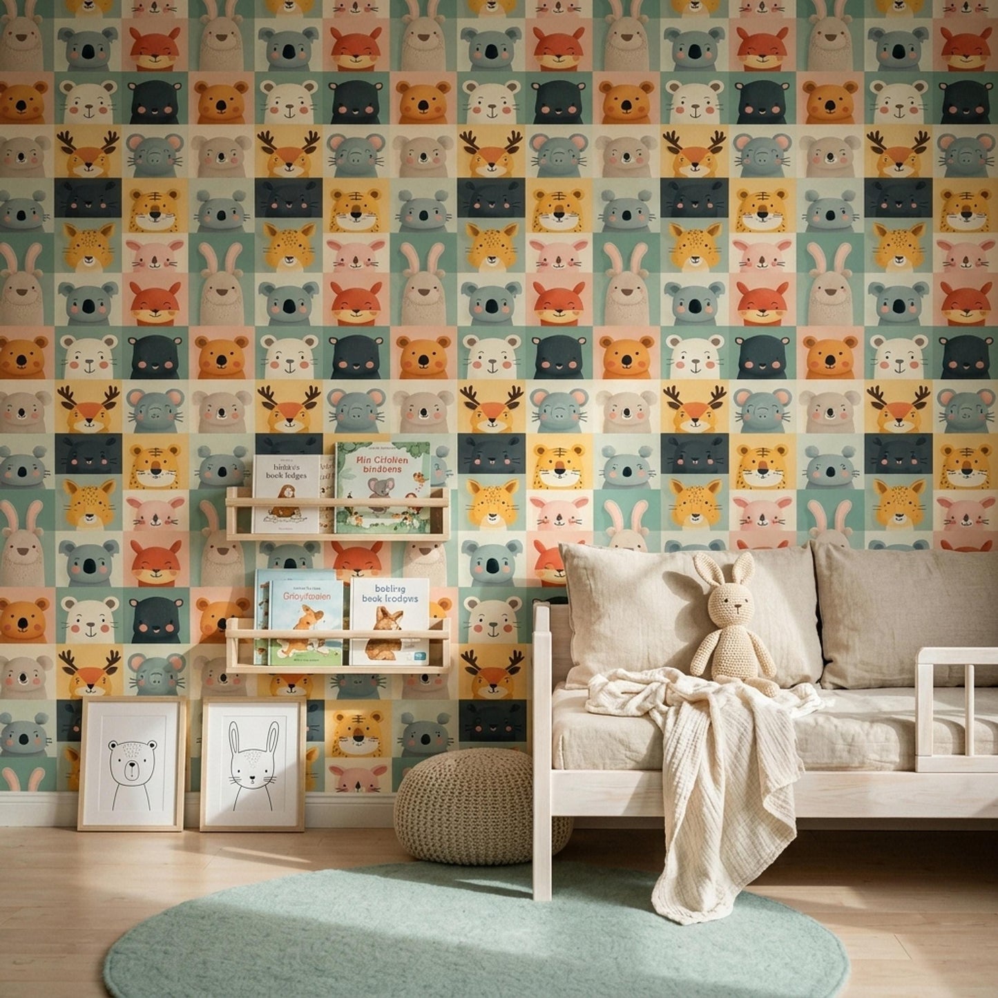 Scandinavian Kids Wallpaper Minimal Animal Pattern Neutral Nursery Wall Decor