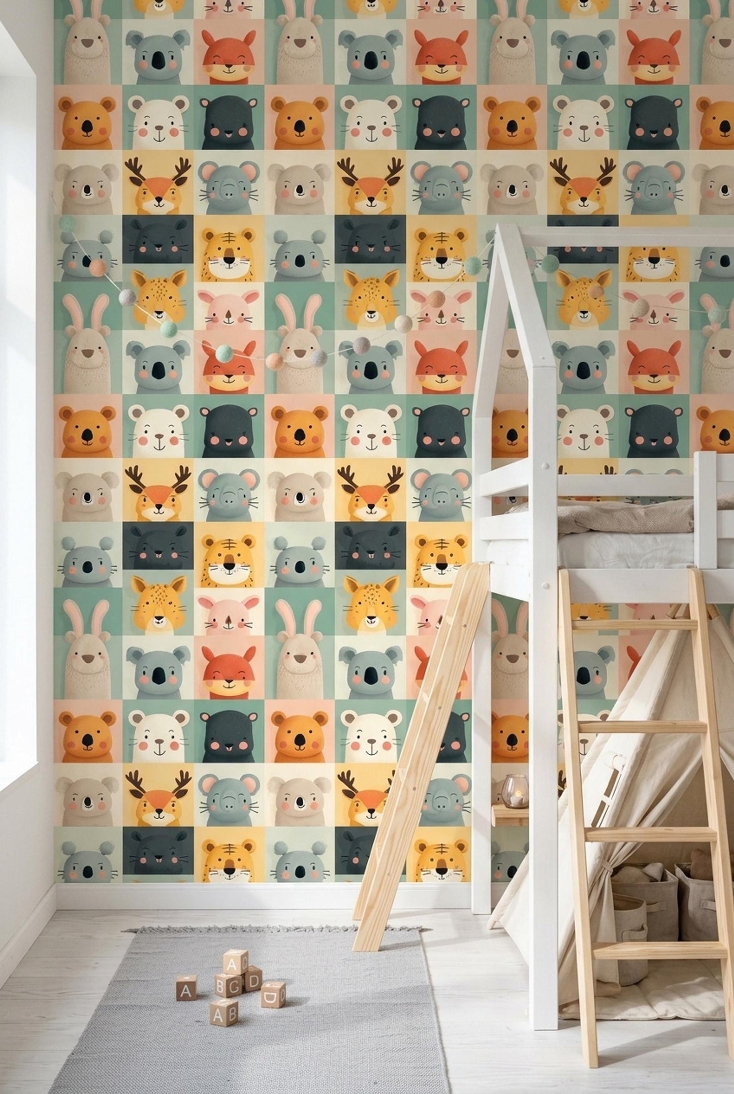 Scandinavian Kids Wallpaper Minimal Animal Pattern Neutral Nursery Wall Decor