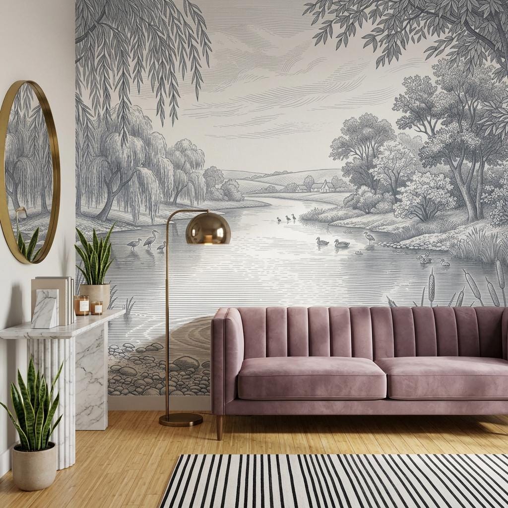 Pastoral Landscape Wallpaper River Scene Willow Trees Wall Mural