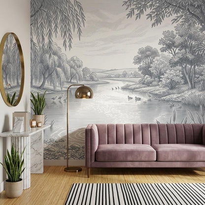 Pastoral Landscape Wallpaper River Scene Willow Trees Wall Mural