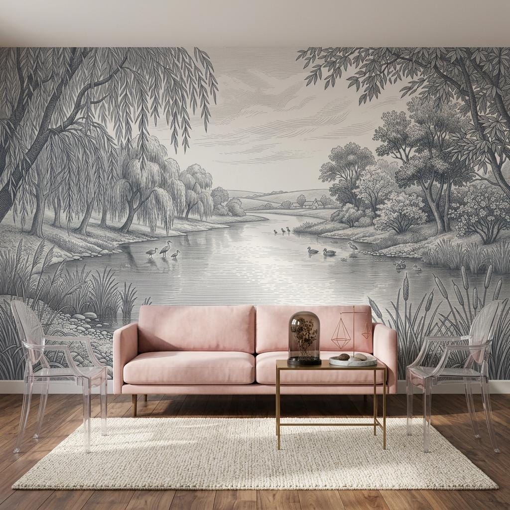 Pastoral Landscape Wallpaper River Scene Willow Trees Wall Mural