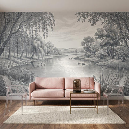 Pastoral Landscape Wallpaper River Scene Willow Trees Wall Mural