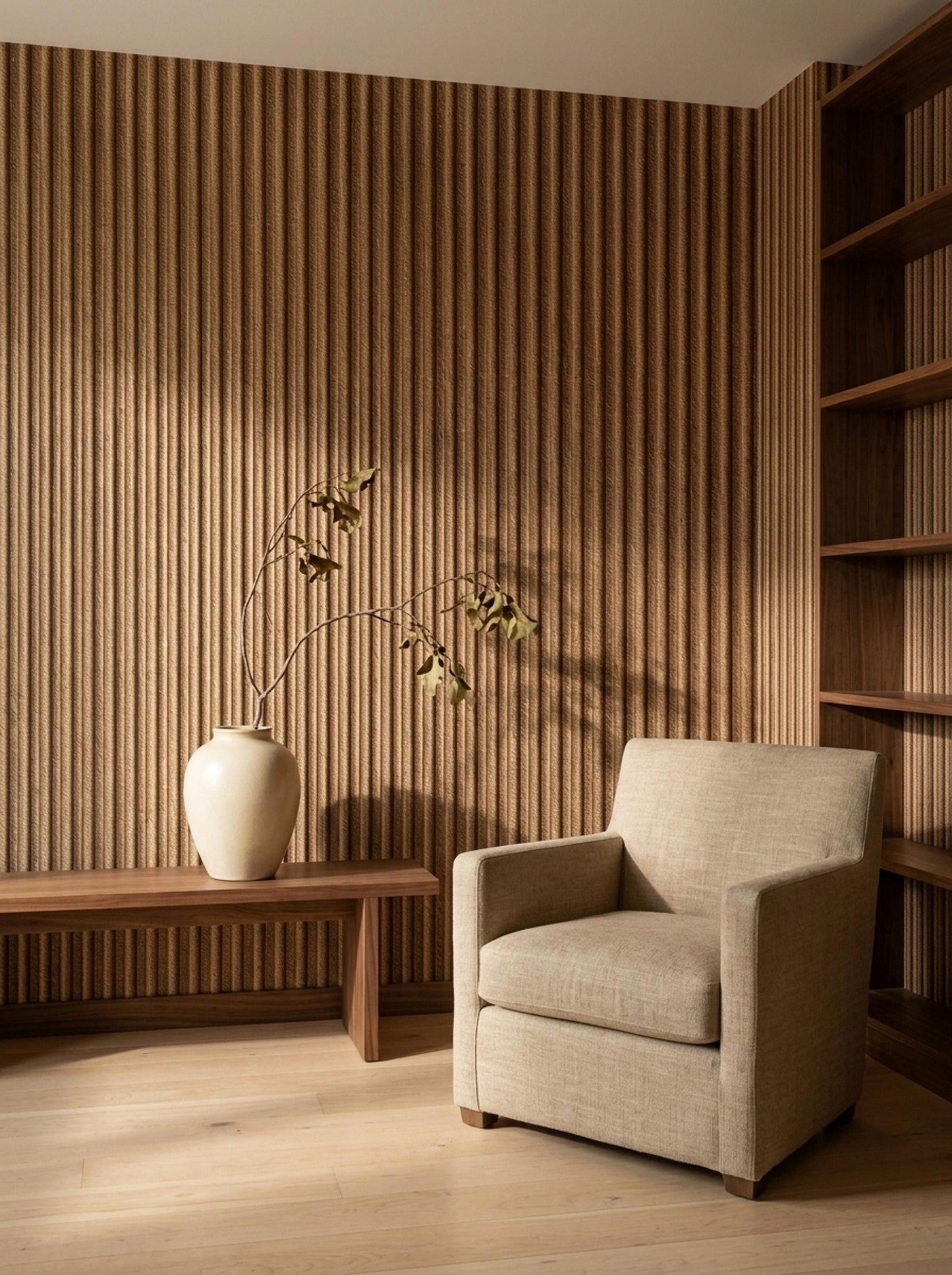 Textured Fluted Wallpaper Vertical Panel Effect Neutral Modern Wall Decor Design