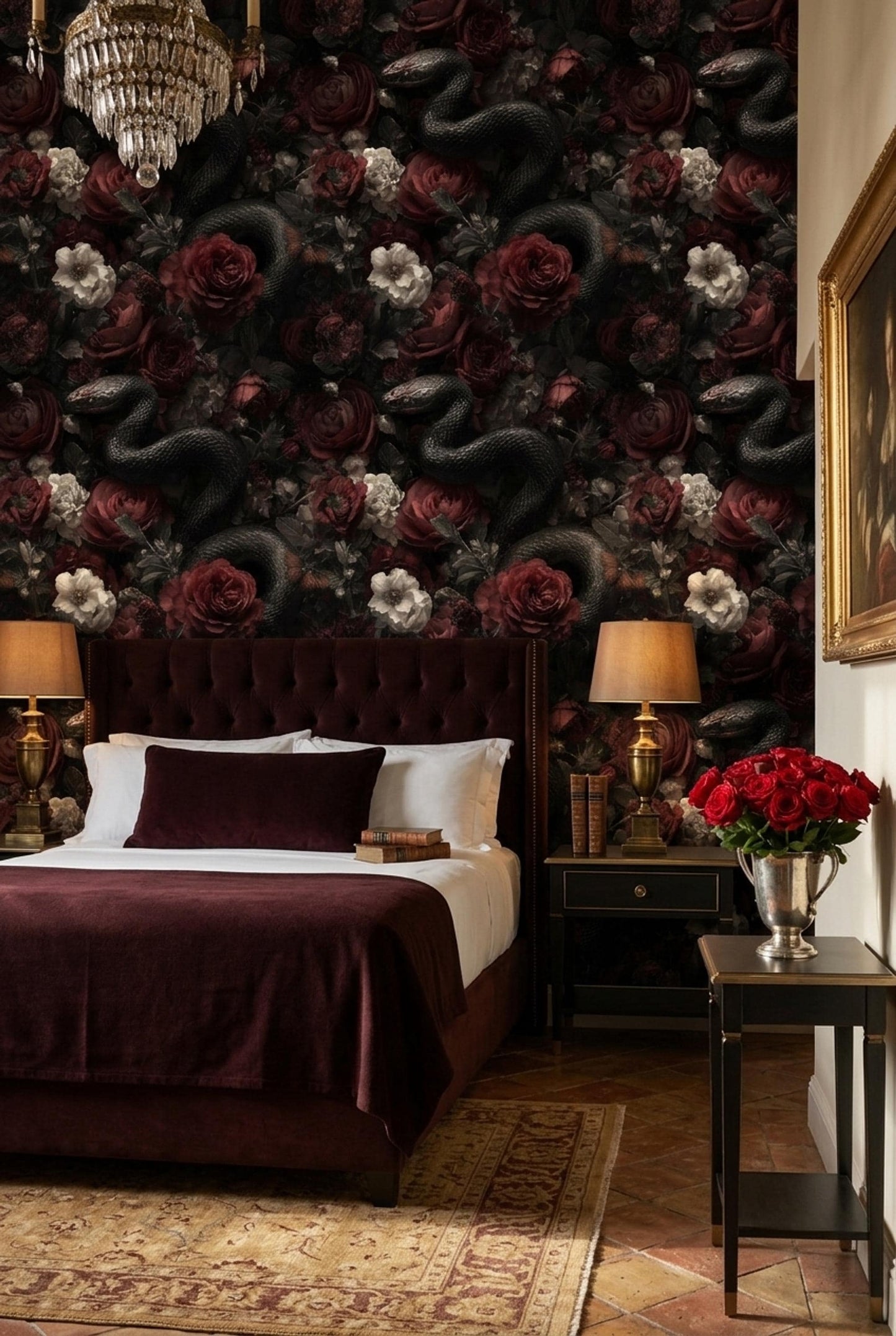 Dark Floral Snake Wallpaper Gothic Rose Pattern Luxury Moody Wall Decor