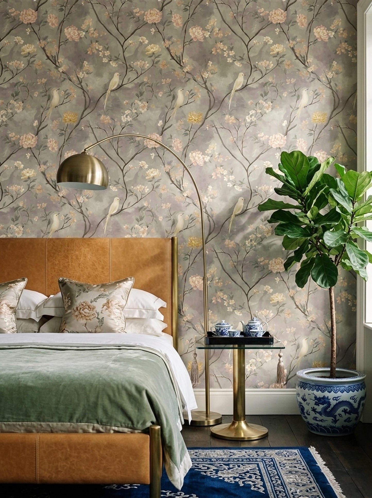 Blossom Branch Wallpaper with Birds Soft Neutral Botanical Wall Decor Elegant Calm Interior Design