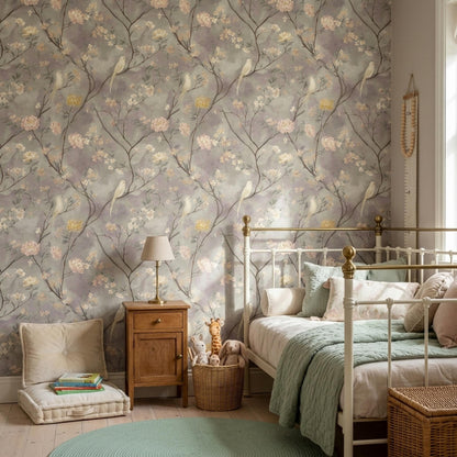 Blossom Branch Wallpaper with Birds Soft Neutral Botanical Wall Decor Elegant Calm Interior Design
