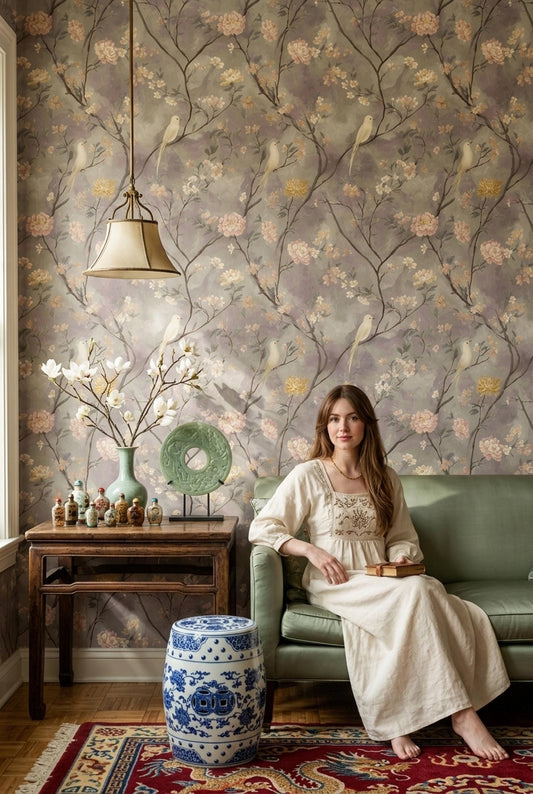 Blossom Branch Wallpaper with Birds Soft Neutral Botanical Wall Decor Elegant Calm Interior Design