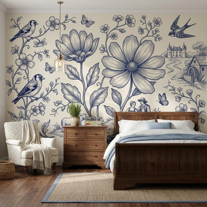 Vintage Floral Bird Wallpaper – Blue White Botanical Cottage Wall Mural