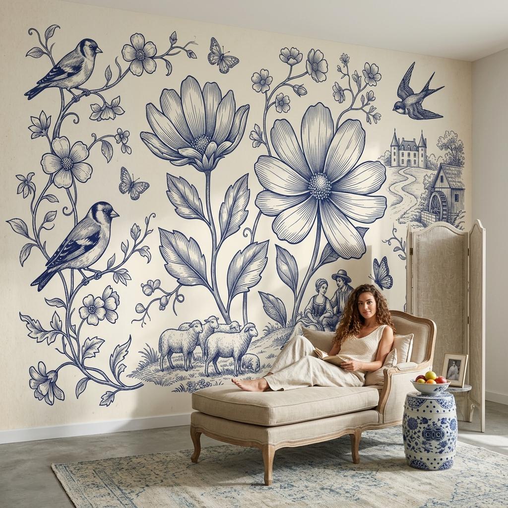 Vintage Floral Bird Wallpaper – Blue White Botanical Cottage Wall Mural