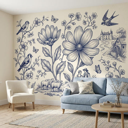 Vintage Floral Bird Wallpaper – Blue White Botanical Cottage Wall Mural