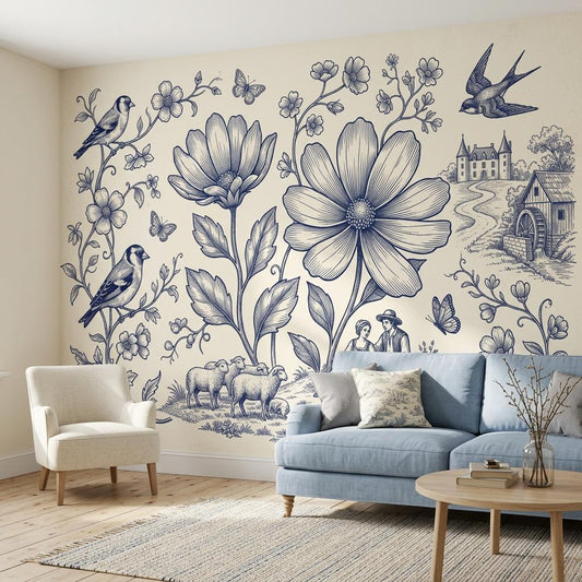 Vintage Floral Bird Wallpaper – Blue White Botanical Cottage Wall Mural