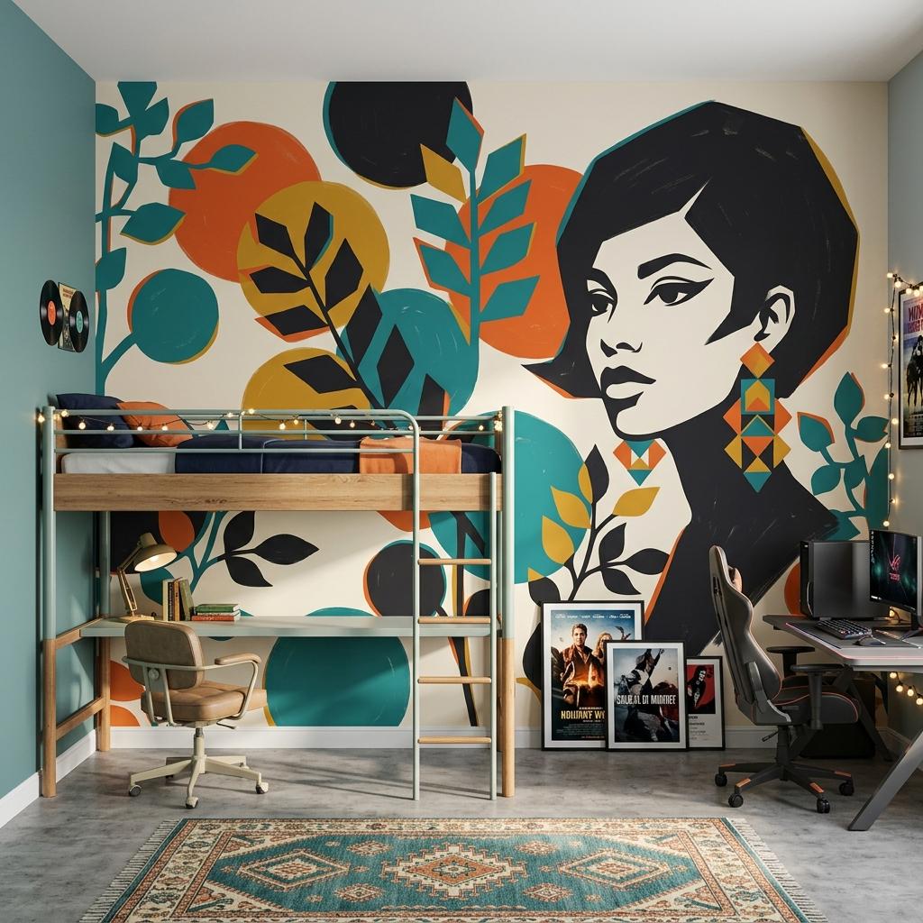 Pop Art Woman Wallpaper Retro Abstract Leaves Colorful Bedroom Decor Wall Mural