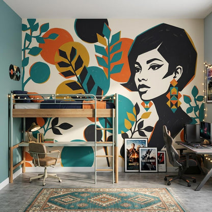 Pop Art Woman Wallpaper Retro Abstract Leaves Colorful Bedroom Decor Wall Mural