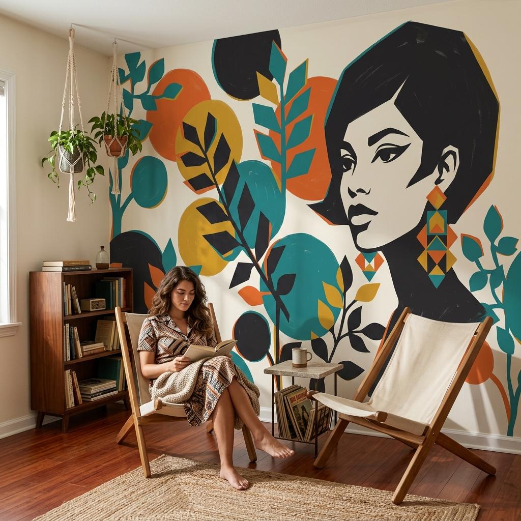 Pop Art Woman Wallpaper Retro Abstract Leaves Colorful Bedroom Decor Wall Mural