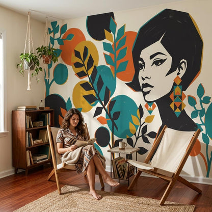 Pop Art Woman Wallpaper Retro Abstract Leaves Colorful Bedroom Decor Wall Mural