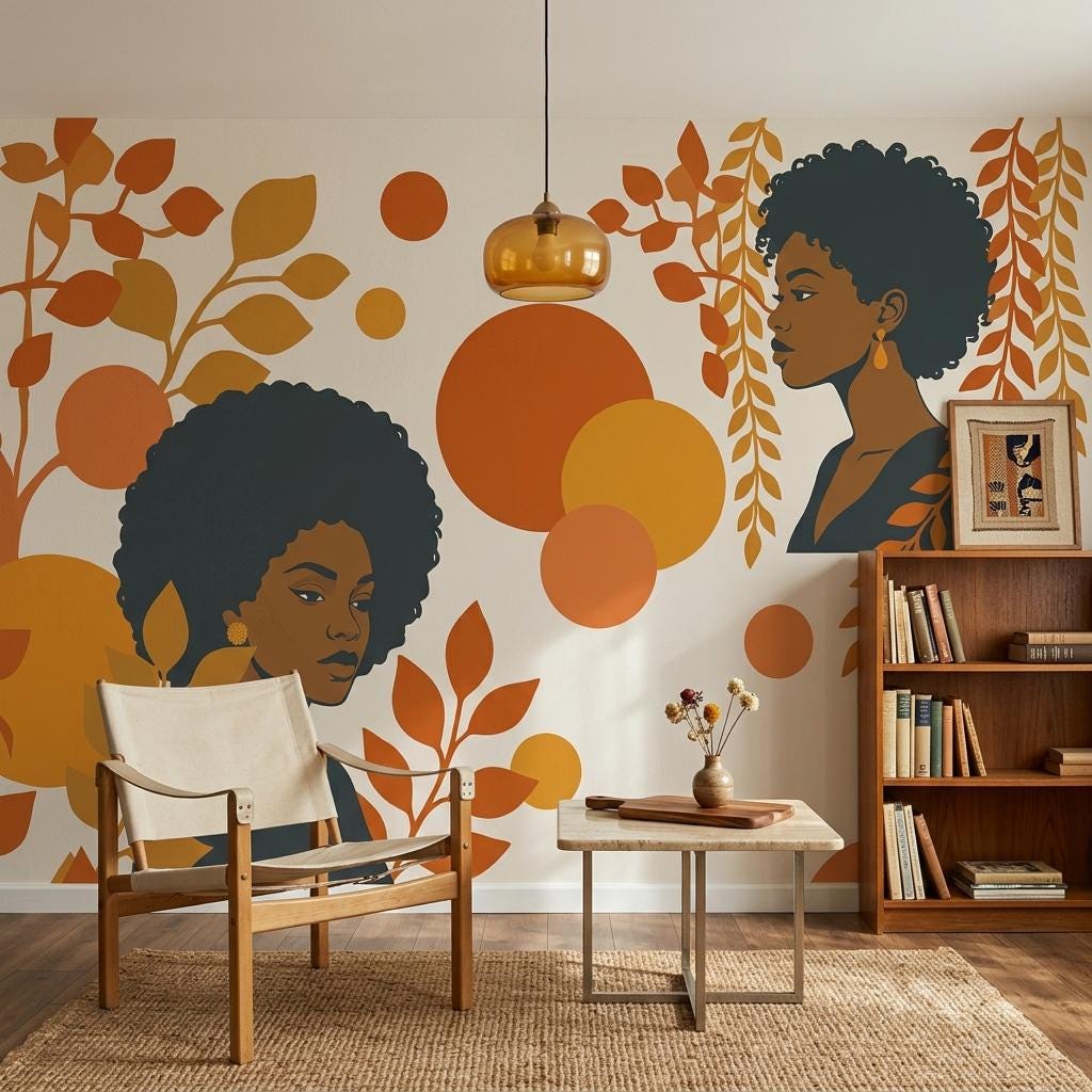 Afro Woman Wall Mural: Retro Orange Abstract Leaves, Mid-Century Modern Decor