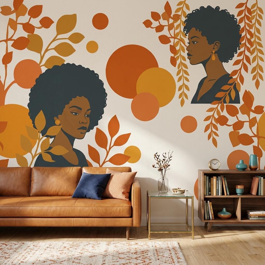 Afro Woman Wall Mural: Retro Orange Abstract Leaves, Mid-Century Modern Decor