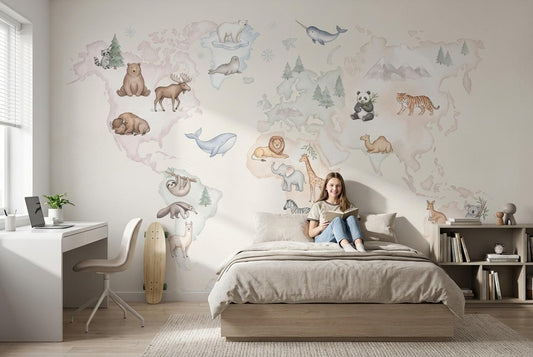 Watercolor World Map Animal Wall Mural: Educational Kids Nursery Decor