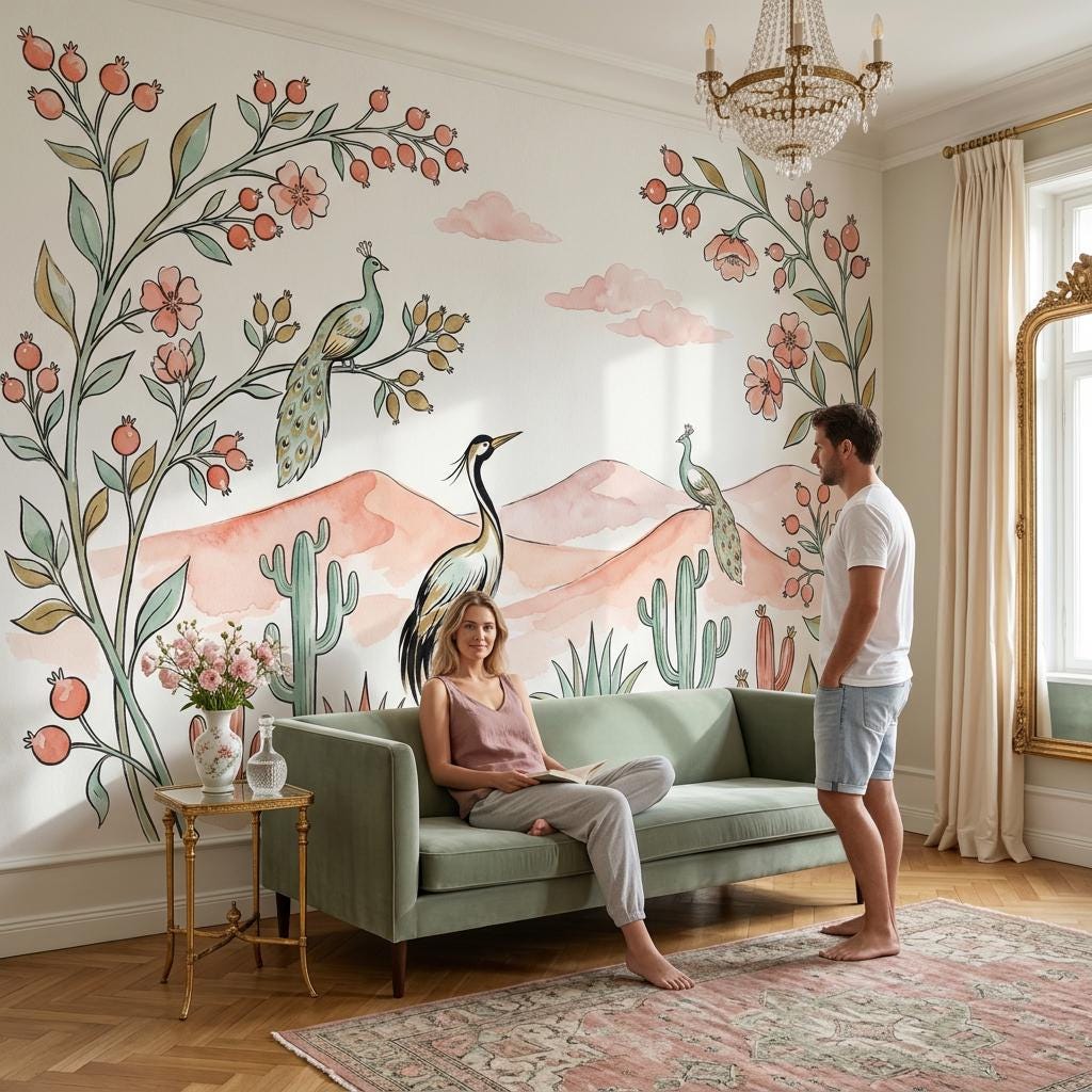Boho Bird Wallpaper Floral Desert Wall Decor Soft Pastel Nature Bedroom Wall Mural