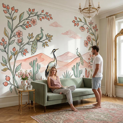 Boho Bird Wallpaper Floral Desert Wall Decor Soft Pastel Nature Bedroom Wall Mural