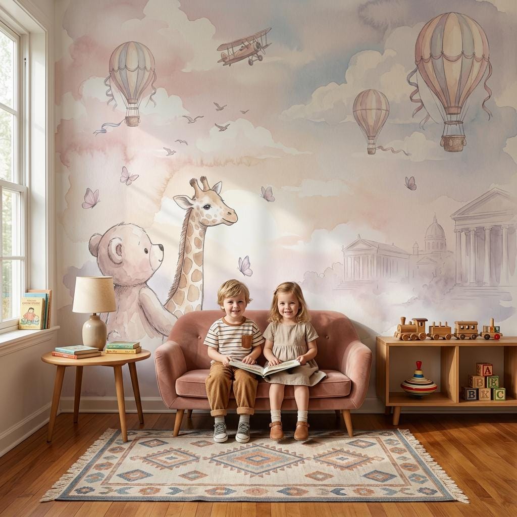 Baby Animal Nursery Wallpaper Giraffe Teddy Bear Hot Air Balloon Kids Room Wall Mural