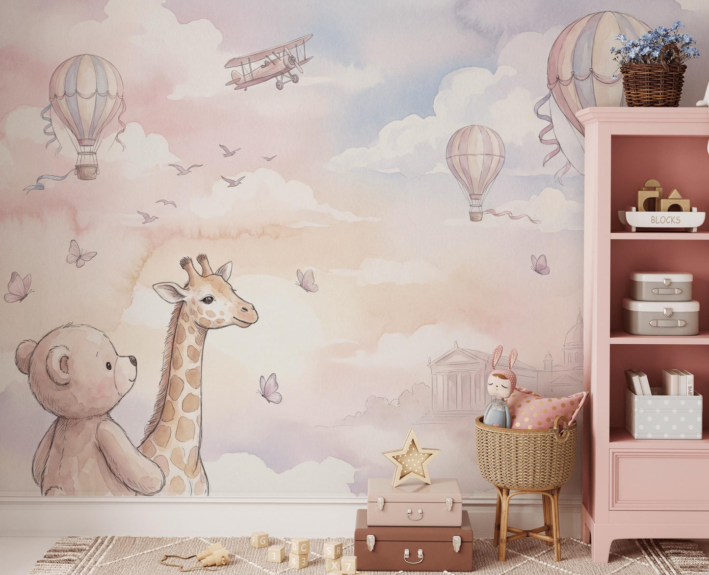 Baby Animal Nursery Wallpaper Giraffe Teddy Bear Hot Air Balloon Kids Room Wall Mural