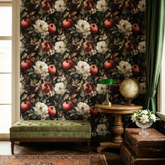 Vintage Pomegranate Floral Wallpaper Dark Botanical Wall Decor Classic Art Style