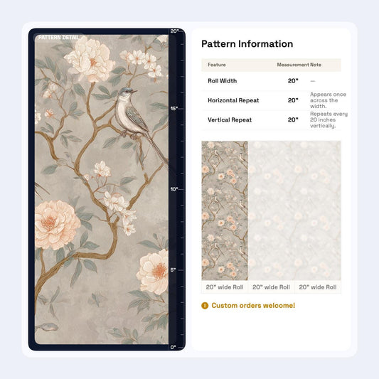Chinoiserie Bird Floral Wallpaper Soft Botanical Wall Decor Elegant Vintage Style