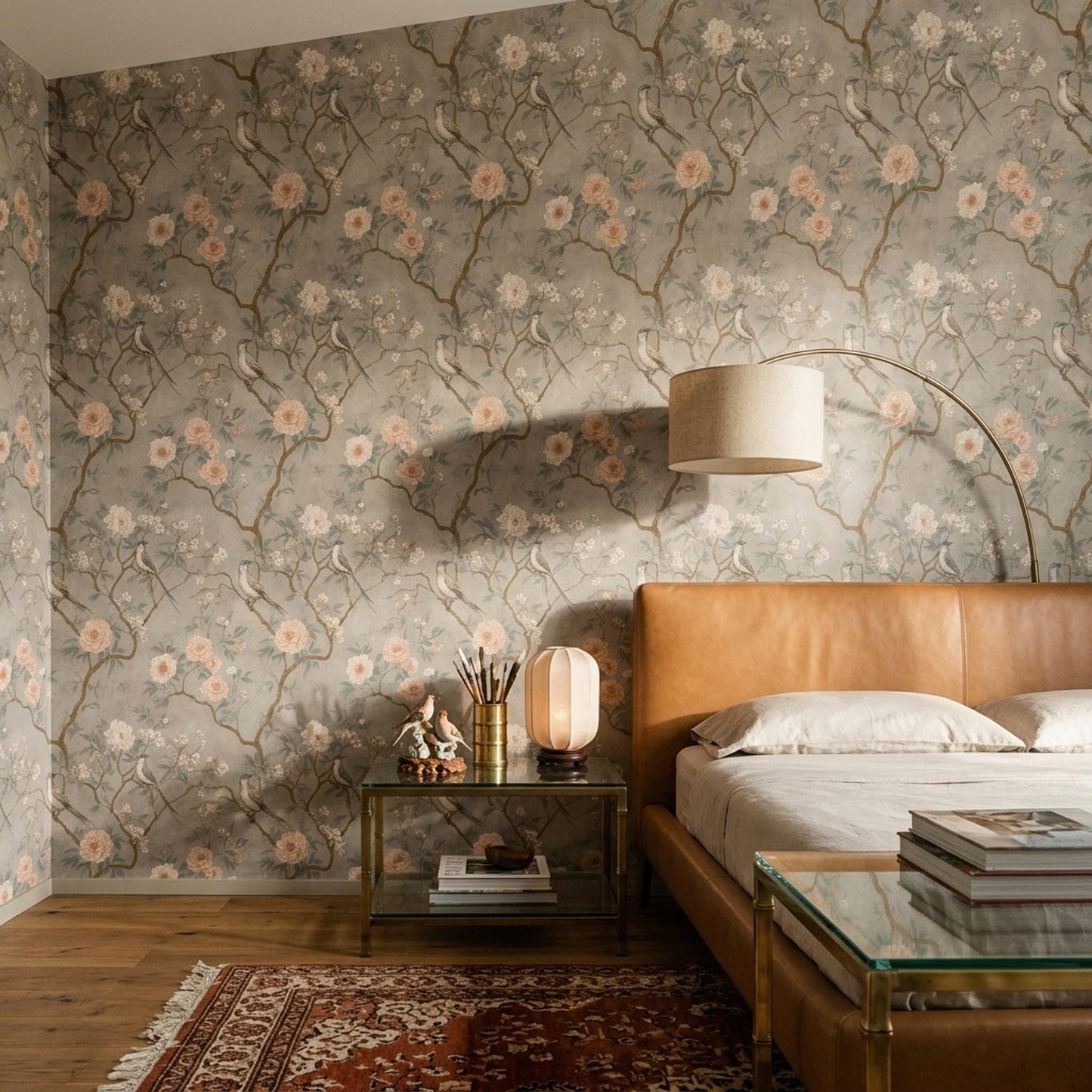 Chinoiserie Bird Floral Wallpaper Soft Botanical Wall Decor Elegant Vintage Style