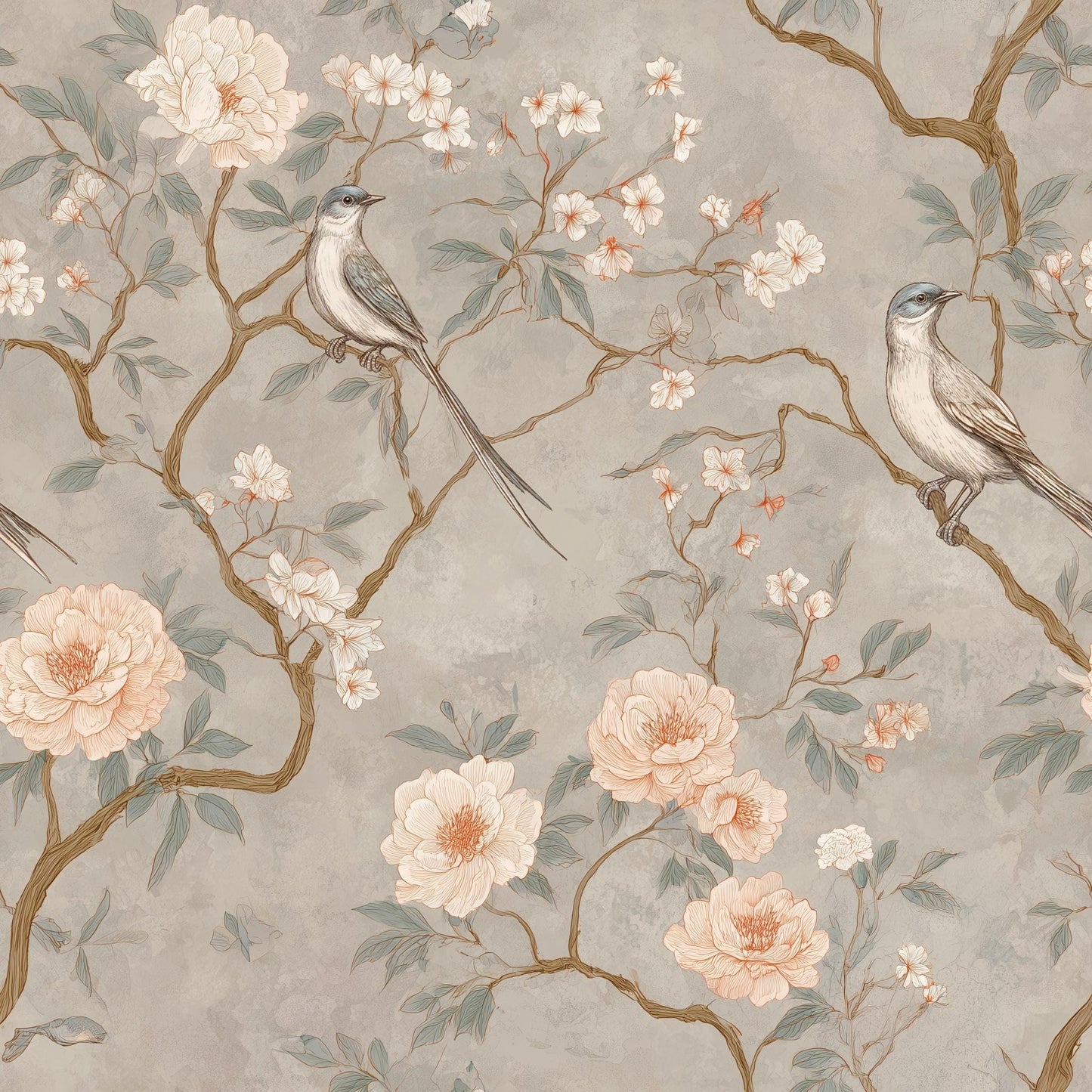 Chinoiserie Bird Floral Wallpaper Soft Botanical Wall Decor Elegant Vintage Style