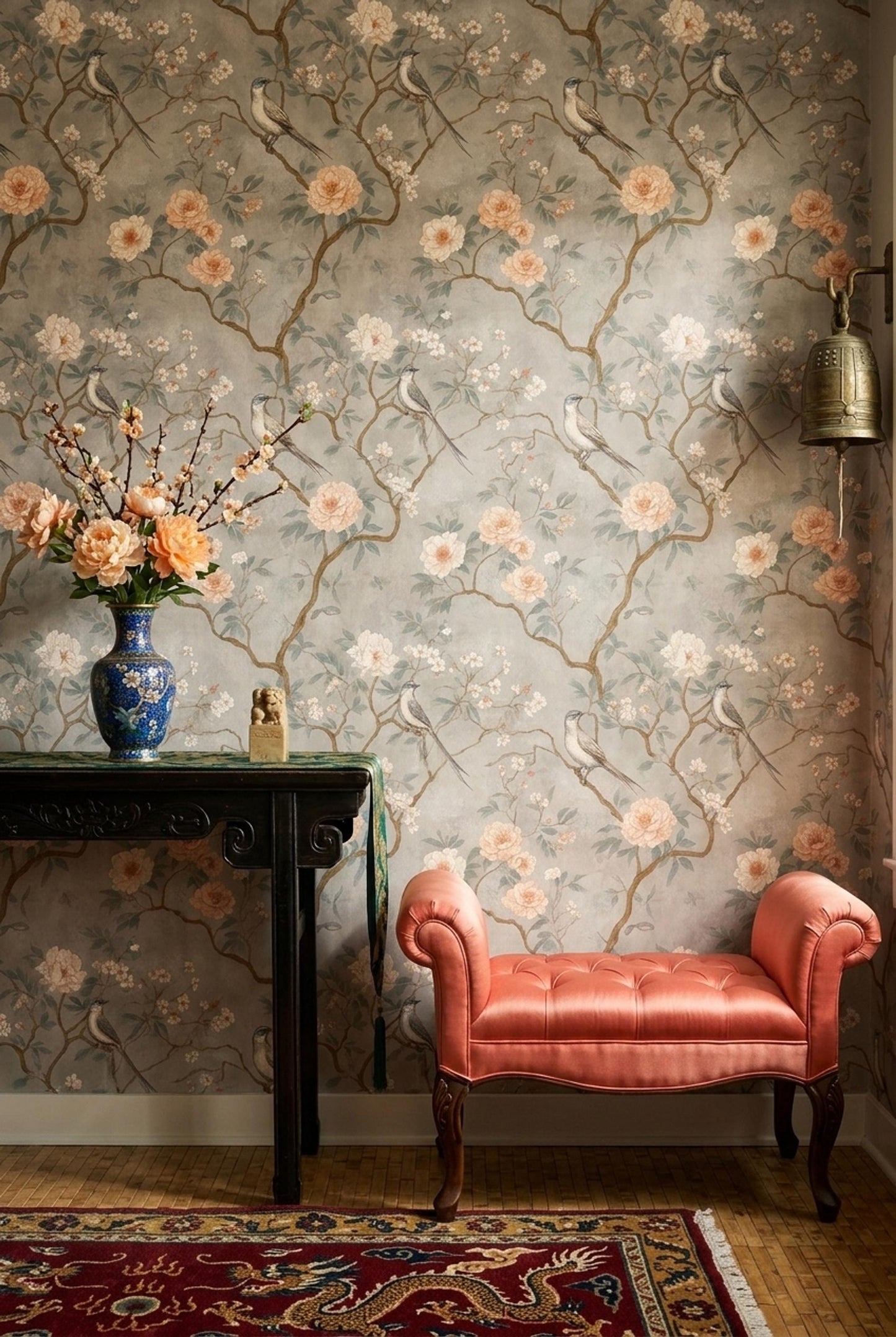 Chinoiserie Bird Floral Wallpaper Soft Botanical Wall Decor Elegant Vintage Style