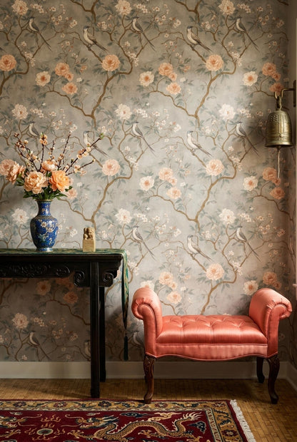 Chinoiserie Bird Floral Wallpaper Soft Botanical Wall Decor Elegant Vintage Style