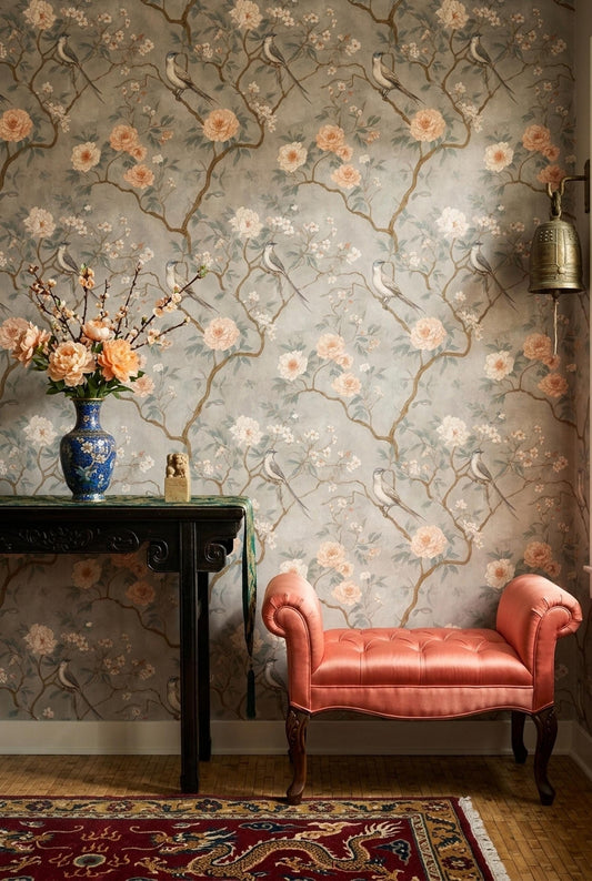 Chinoiserie Bird Floral Wallpaper Soft Botanical Wall Decor Elegant Vintage Style