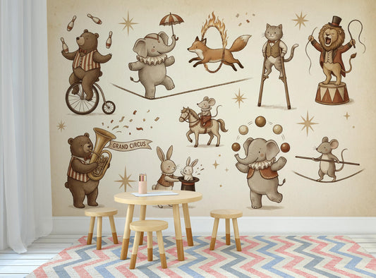 Circus Animal Wallpaper Vintage Kids Room Decor Bear Elephant Lion Playroom Wall Mural