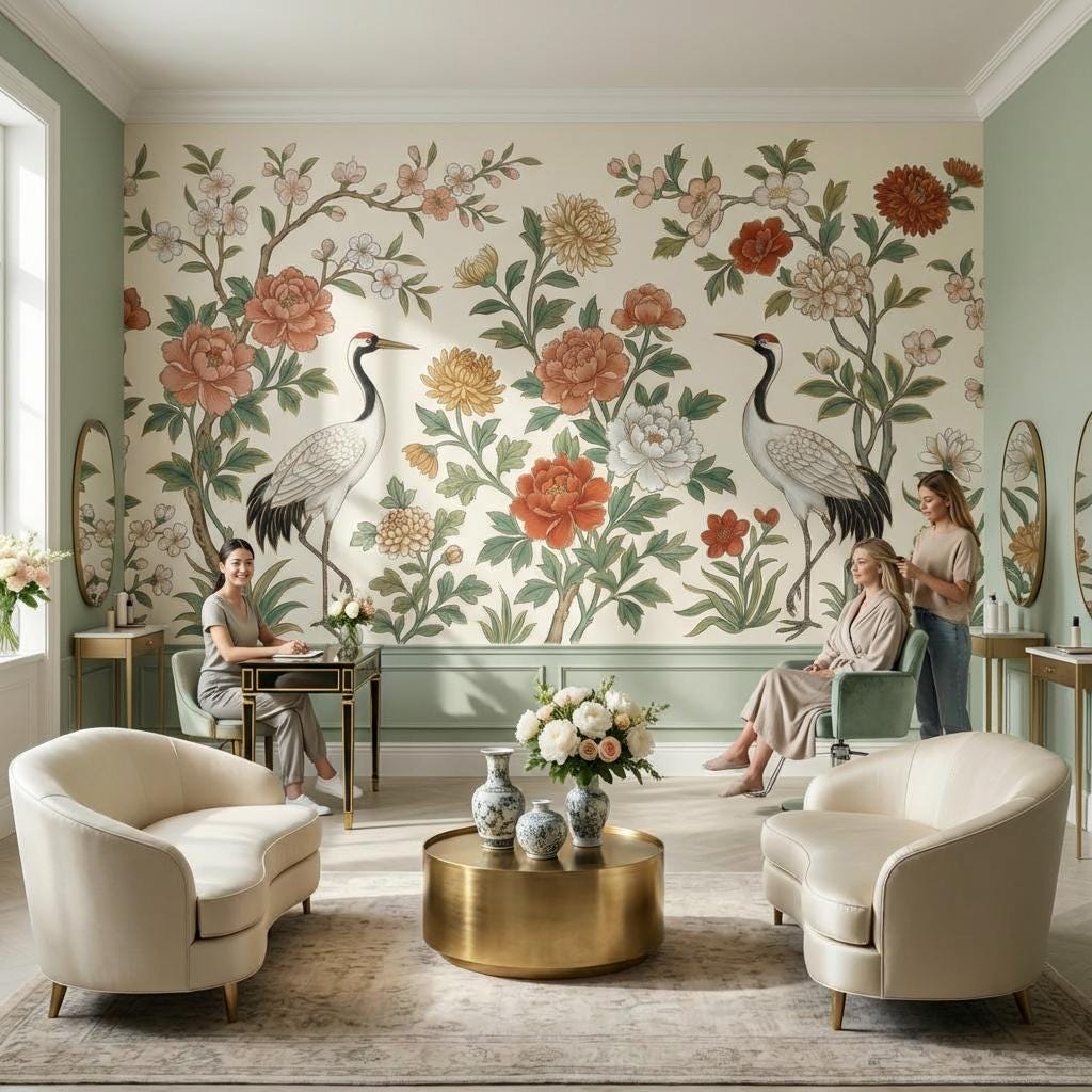 Chinoiserie Floral Crane Wallpaper Vintage Botanical Bird Elegant Living Room Wall Mural