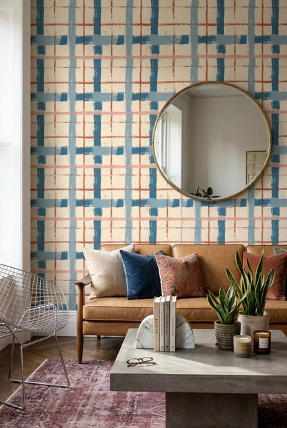 Abstract Grid Wallpaper Hand Painted Plaid Pattern Modern Brush Stroke Wall Decor