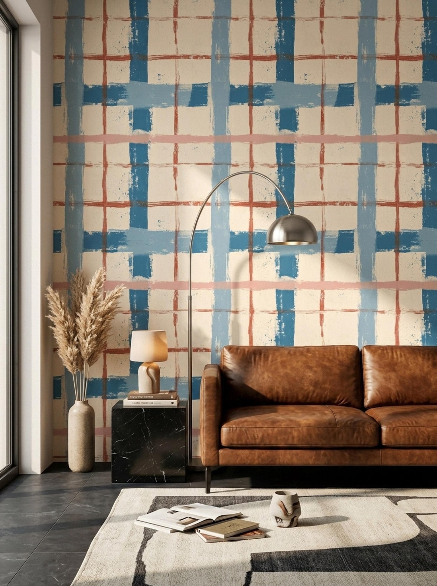Abstract Grid Wallpaper Hand Painted Plaid Pattern Modern Brush Stroke Wall Decor