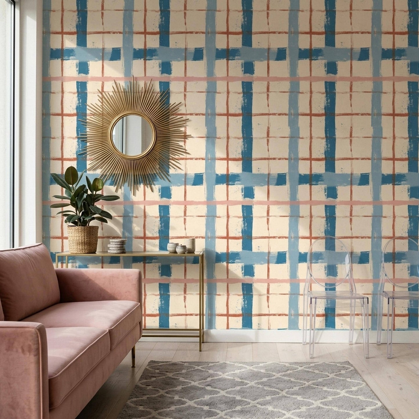 Abstract Grid Wallpaper Hand Painted Plaid Pattern Modern Brush Stroke Wall Decor