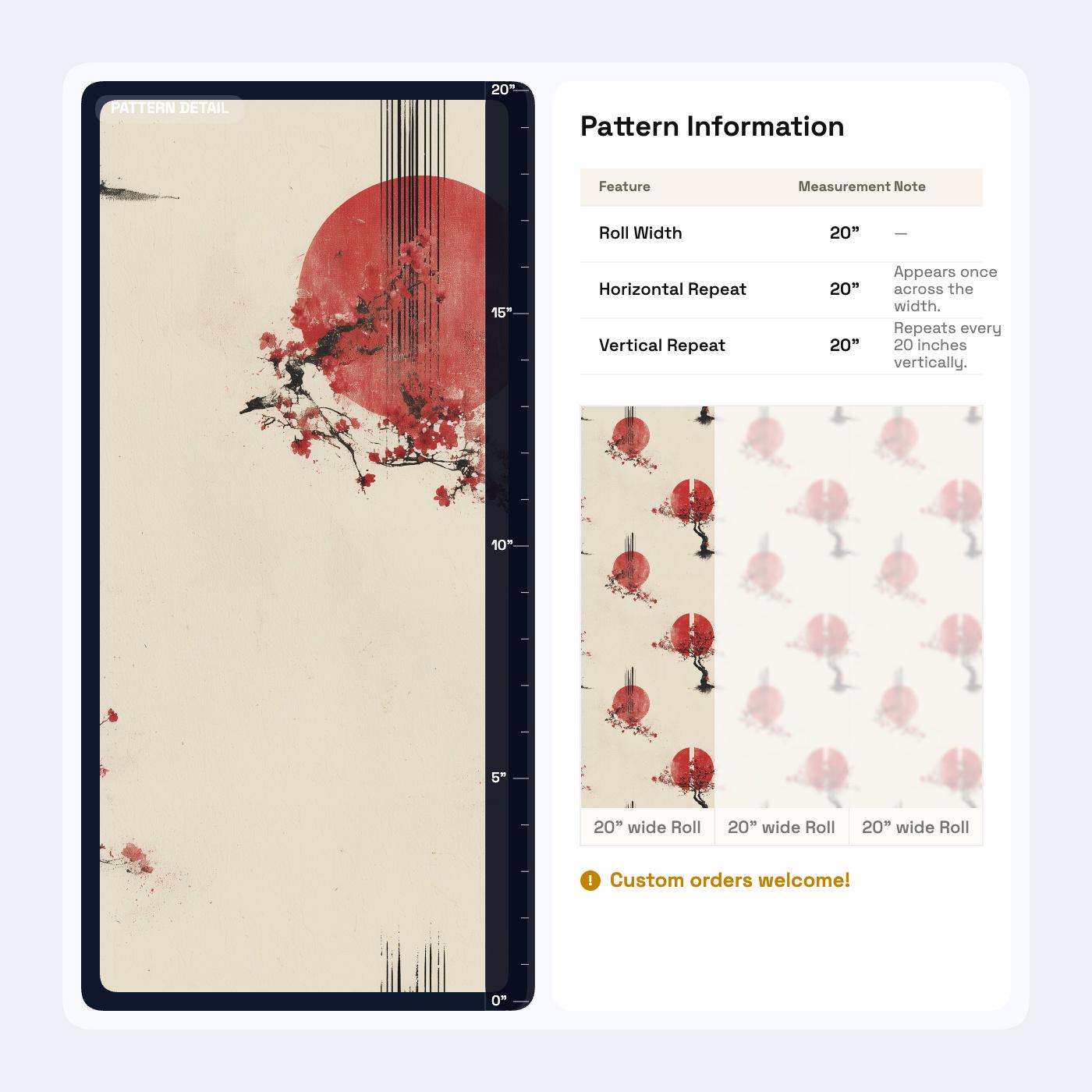 Japanese Sakura Wallpaper Red Sun Zen Wall Art Wabi Sabi Asian Decor