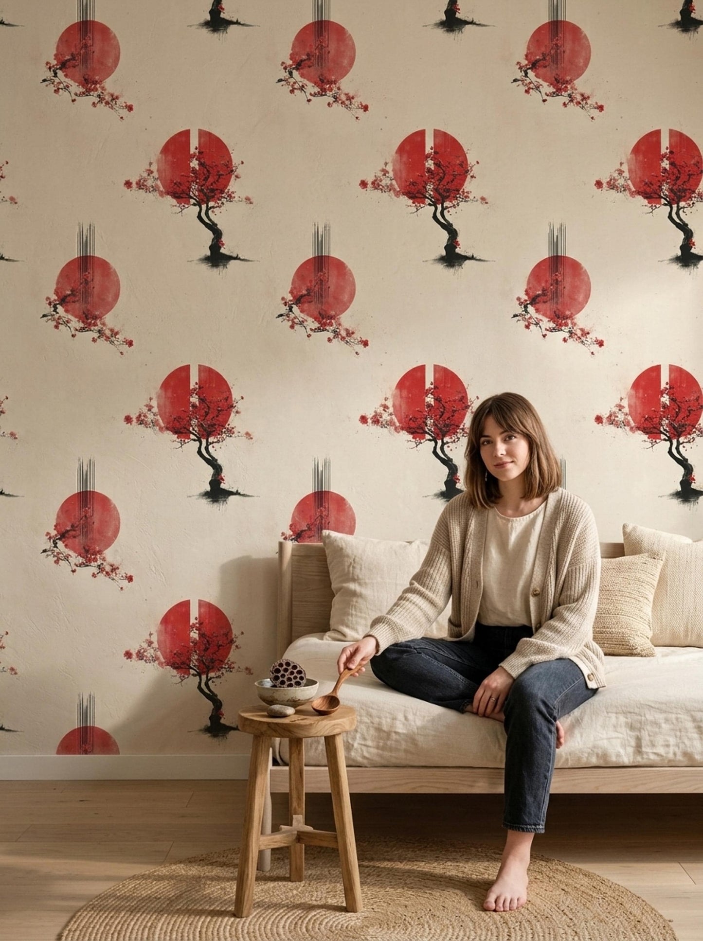 Japanese Sakura Wallpaper Red Sun Zen Wall Art Wabi Sabi Asian Decor